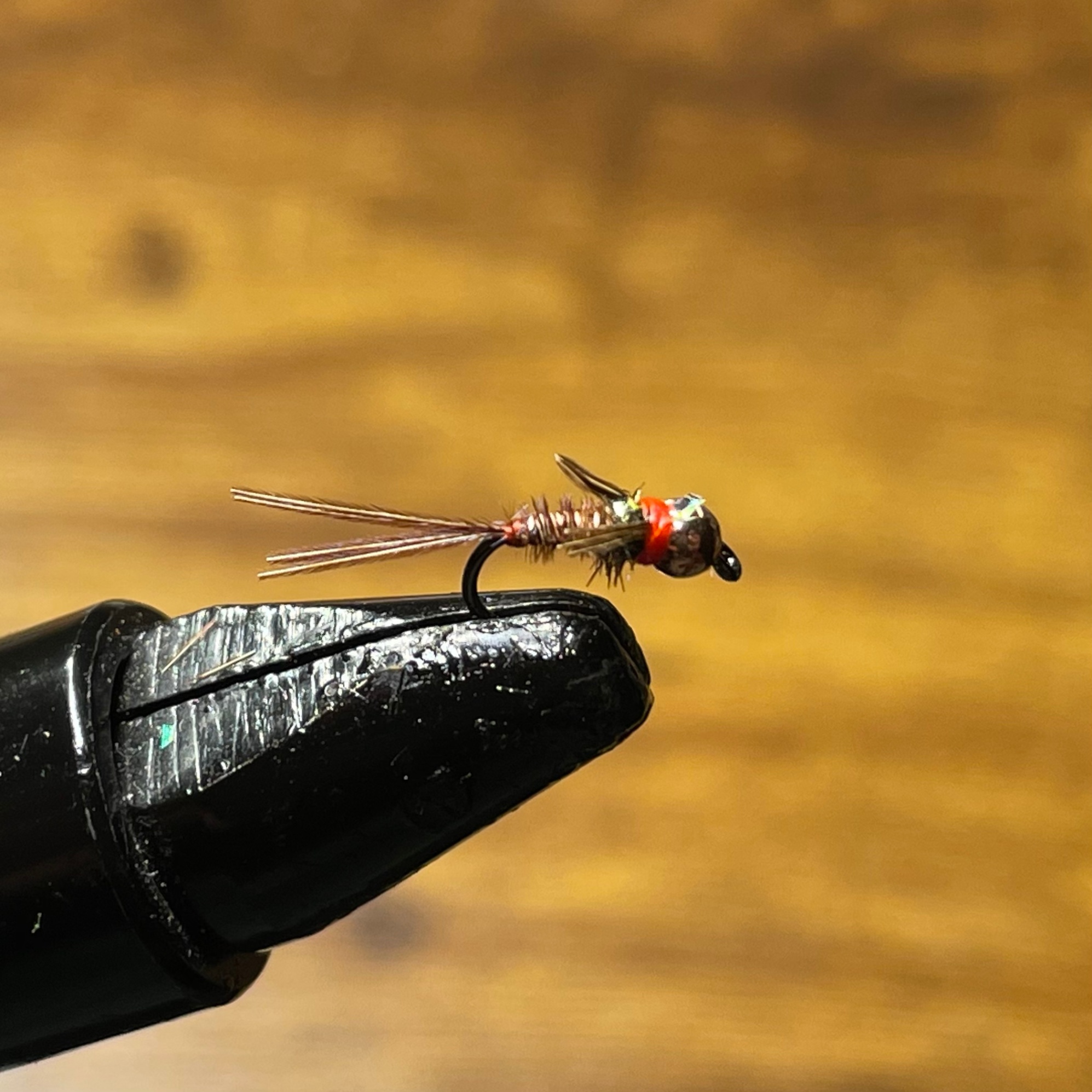Fishing fly lure with red head on gloved fingertip — z is on the river